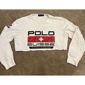 POLO Ralph Lauren Women Swiss Super-G Racing Sweatshirt Cropped White Large